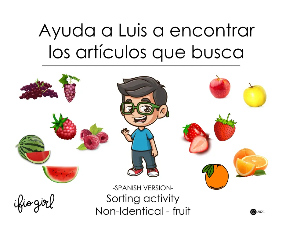 Cover of the Spanish non-identical fruit sorting activity, asking learners to help Luis find the items