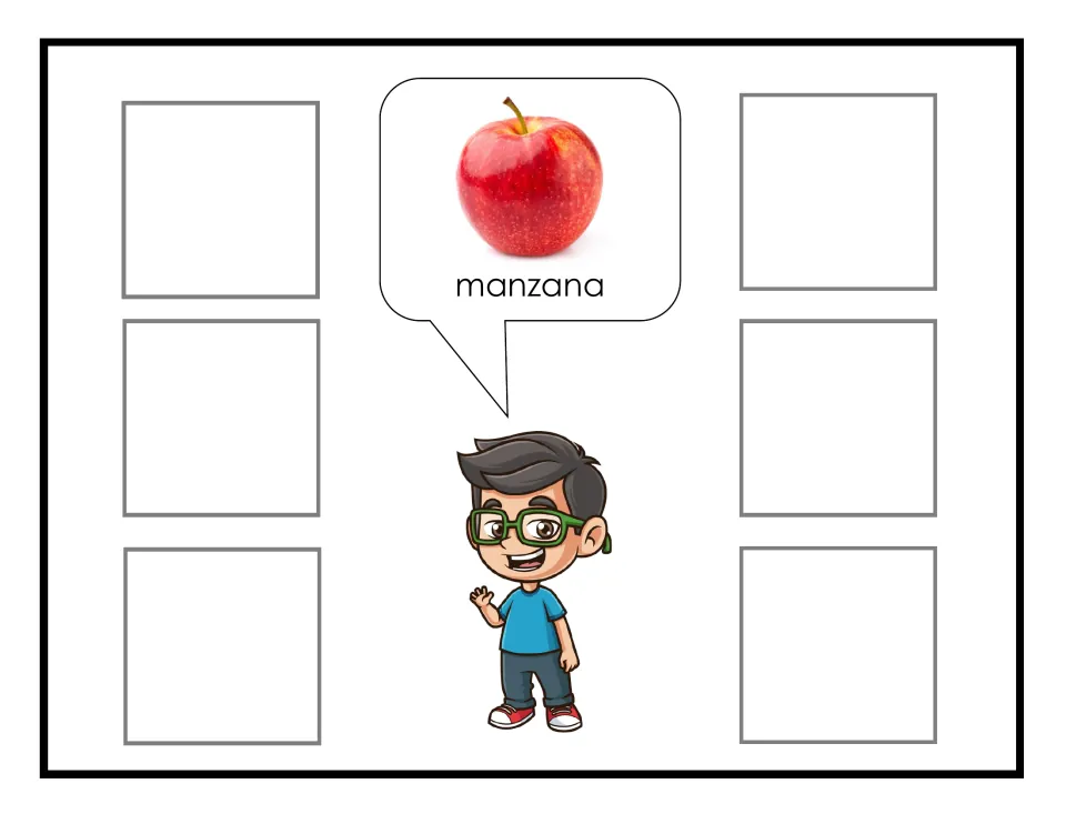 Spanish fruit-sorting mat labeled manzana (apple), showing a red apple for matching six non-identical cards