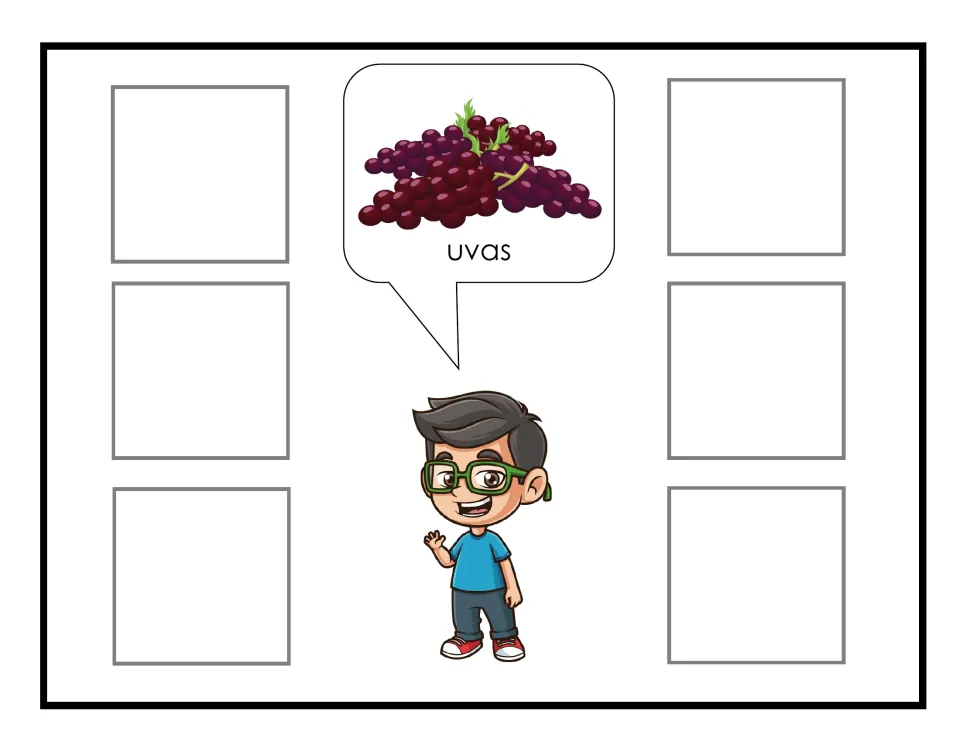 Spanish fruit-sorting mat labeled uvas (grapes), showing purple grapes to match six non-identical cards