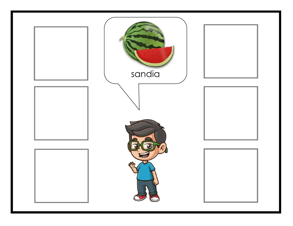 Spanish fruit-sorting mat labeled sandia (watermelon), showing a whole melon and slice for matching cards