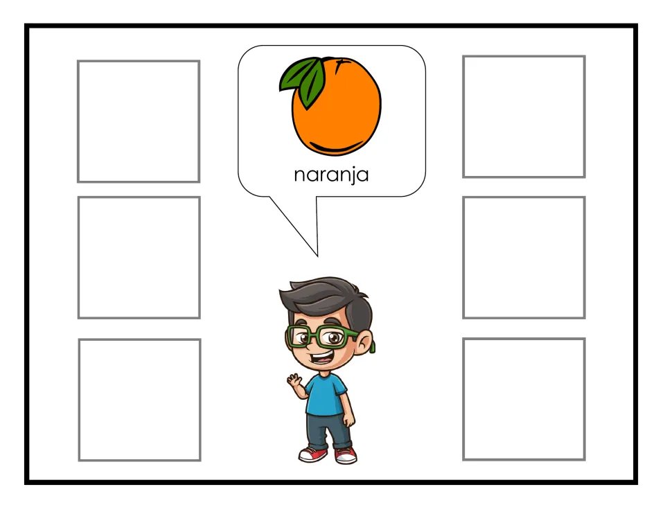 Spanish fruit-sorting mat labeled naranja (orange), showing an orange to match six non-identical cards