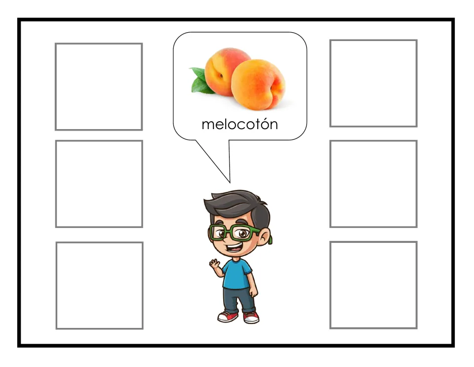 Spanish fruit-sorting mat labeled melocotón (peach), showing two peaches for matching non-identical cards
