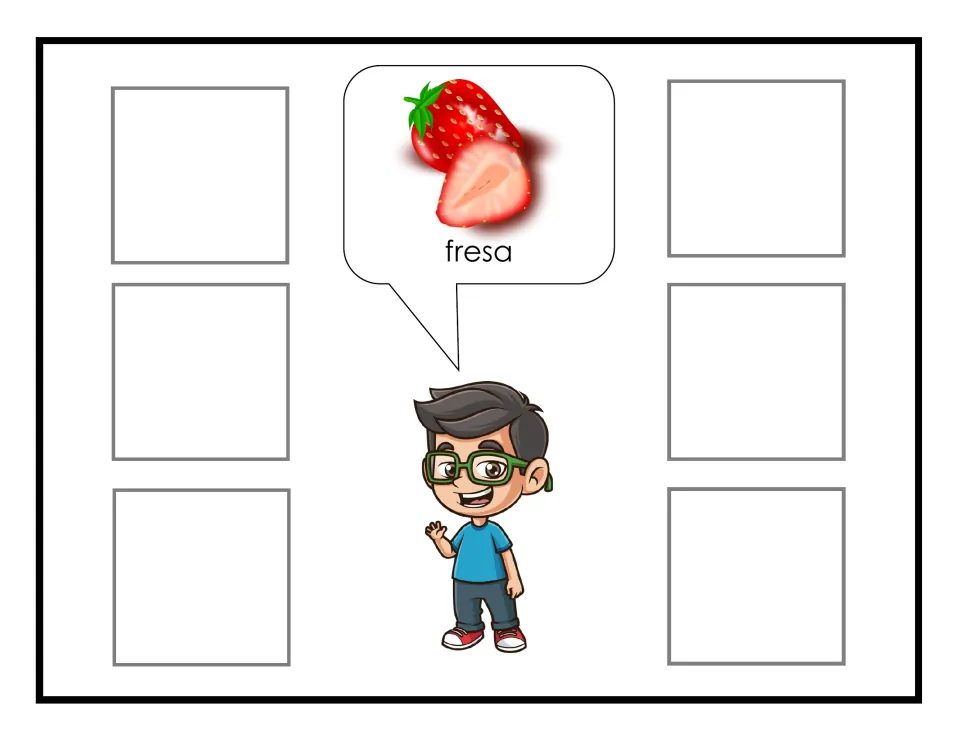 Spanish fruit-sorting mat labeled fresa (strawberry), showing a whole and cut strawberry for matching cards