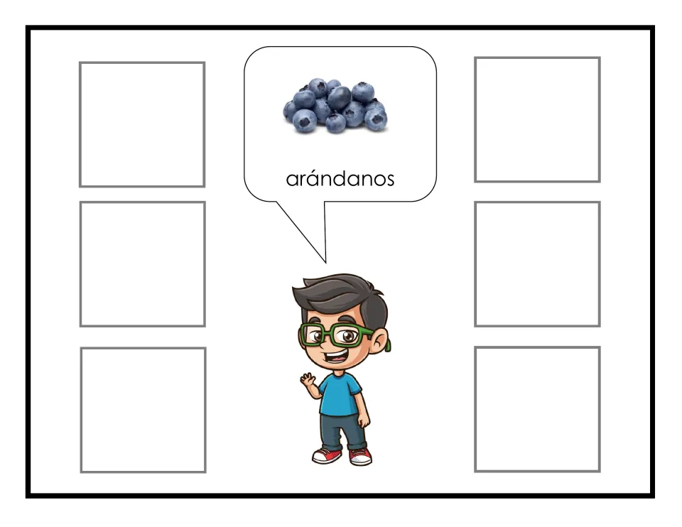 Spanish fruit-sorting mat labeled arándanos (blueberries), showing berries for matching non-identical cards