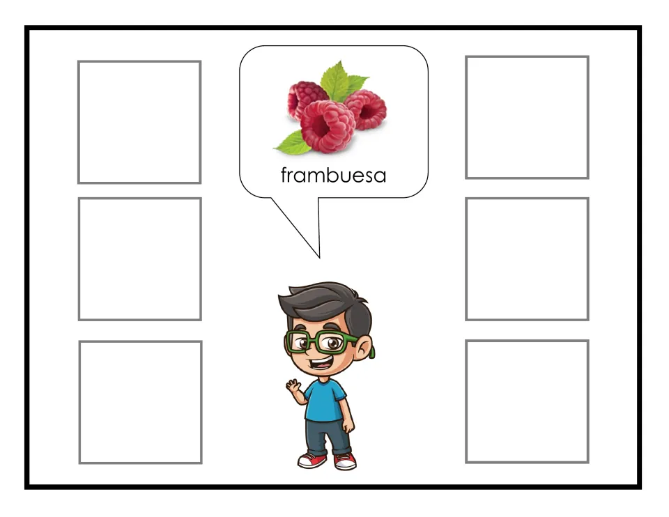 Spanish fruit-sorting mat labeled frambuesa (raspberry), showing raspberries for matching fruit cards