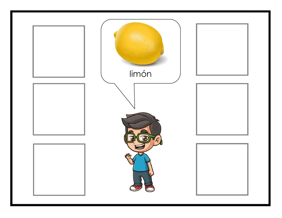 Spanish fruit-sorting mat labeled limón (lemon), showing a yellow lemon to match six non-identical cards