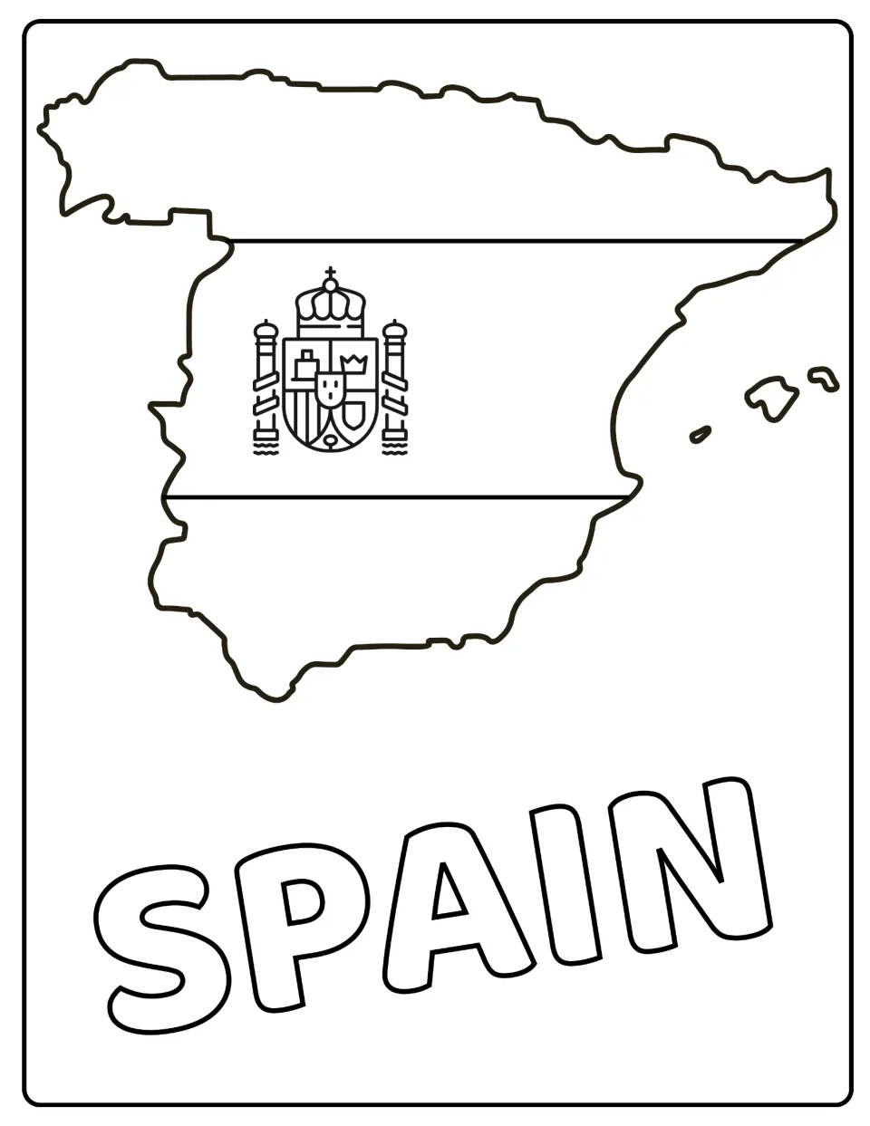 Spain flag colouring page: students colour the flag's stripes and coat of arms set inside a map outline of Spain