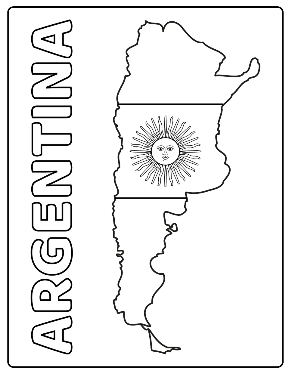Argentina flag colouring page: students colour the Sun of May and three stripes inside a map of Argentina