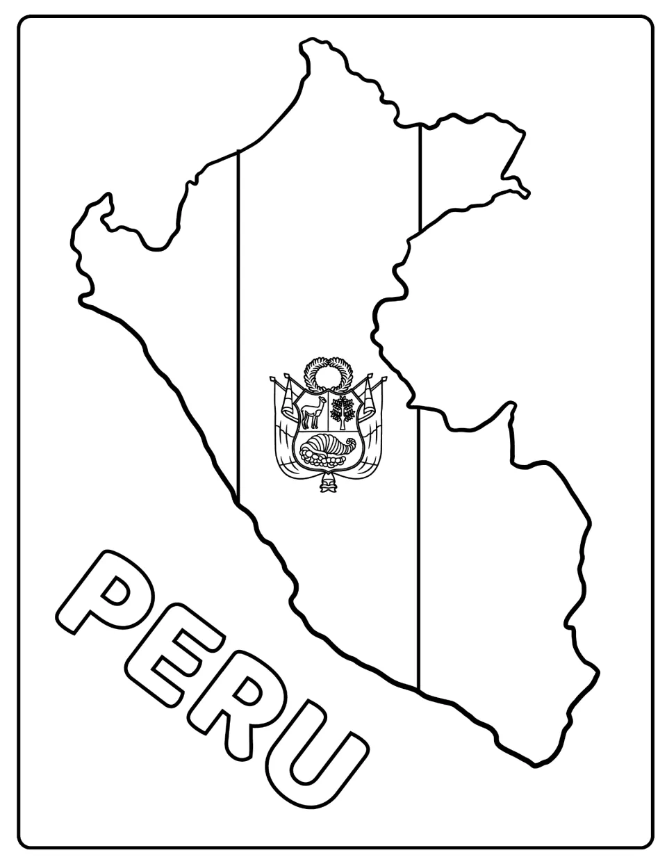 Peru flag colouring page: students colour the vertical bands and national coat of arms inside a map of Peru