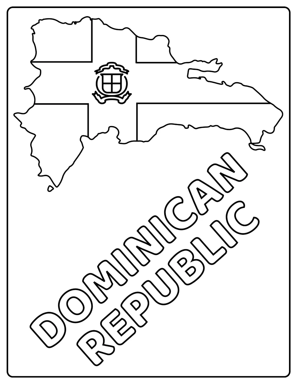 Dominican Republic flag colouring page: students colour the cross, four quarters and coat of arms on the country map