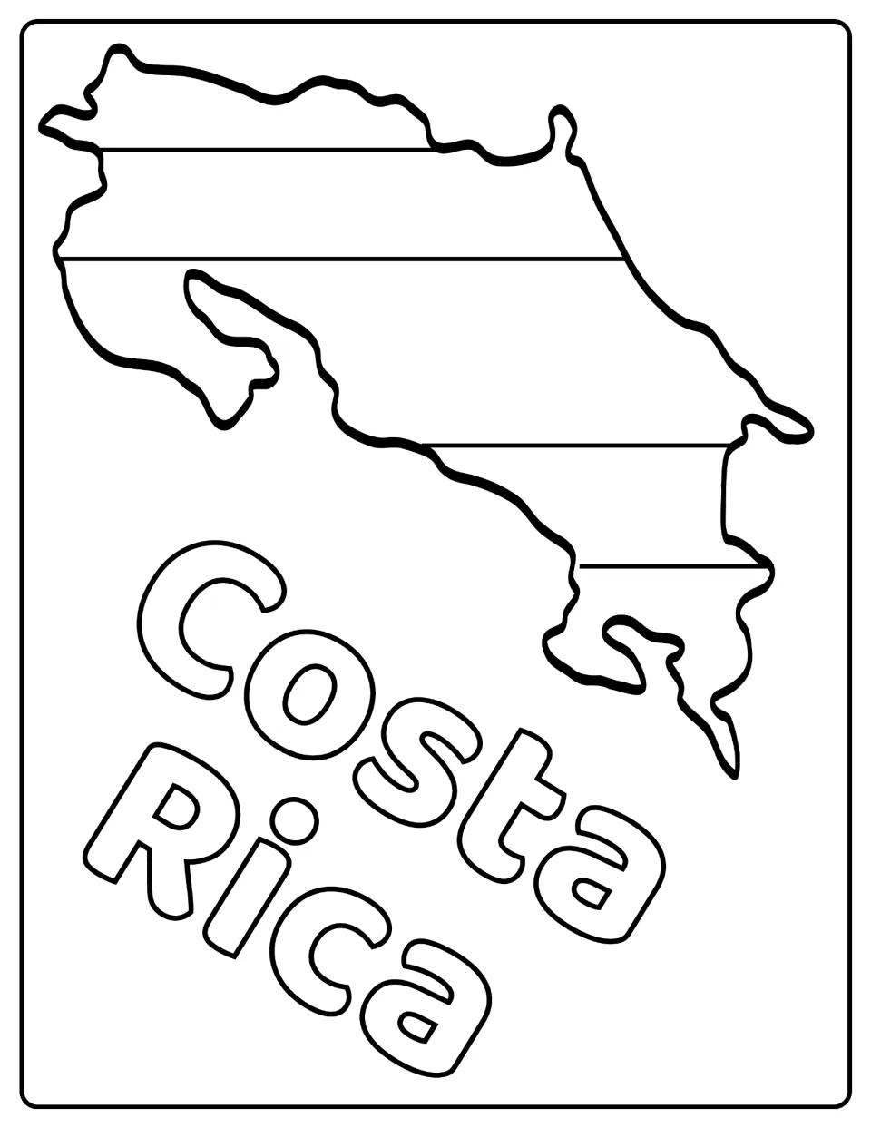 Costa Rica flag colouring page: students colour the five horizontal stripes drawn across a map of Costa Rica