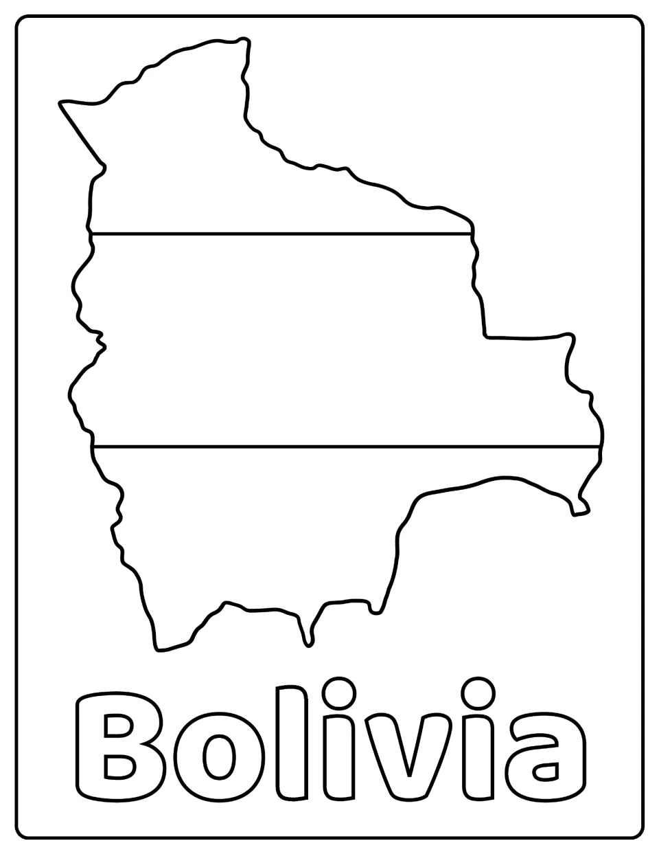 Bolivia flag colouring page: students colour the three horizontal bands drawn inside a map outline of Bolivia