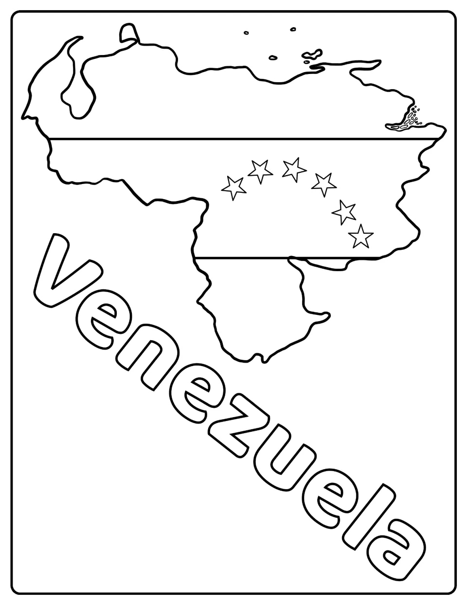 Venezuela flag colouring page: students colour the three bands and arc of stars inside a map of Venezuela
