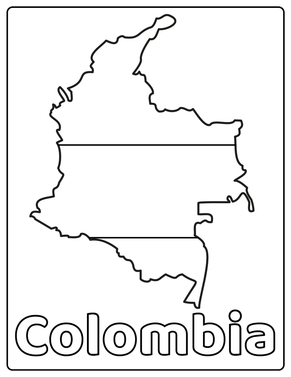 Colombia flag colouring page: students colour the three horizontal bands across a map outline of Colombia