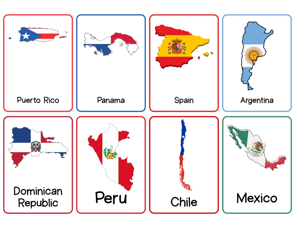 Flag maps: Puerto Rico, Panama, Spain, Argentina, Dominican Republic, Peru, Chile and Mexico, each shape filled with its flag