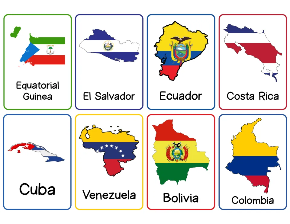 Flag maps: Equatorial Guinea, El Salvador, Ecuador, Costa Rica, Cuba, Venezuela, Bolivia and Colombia on 8 named cards