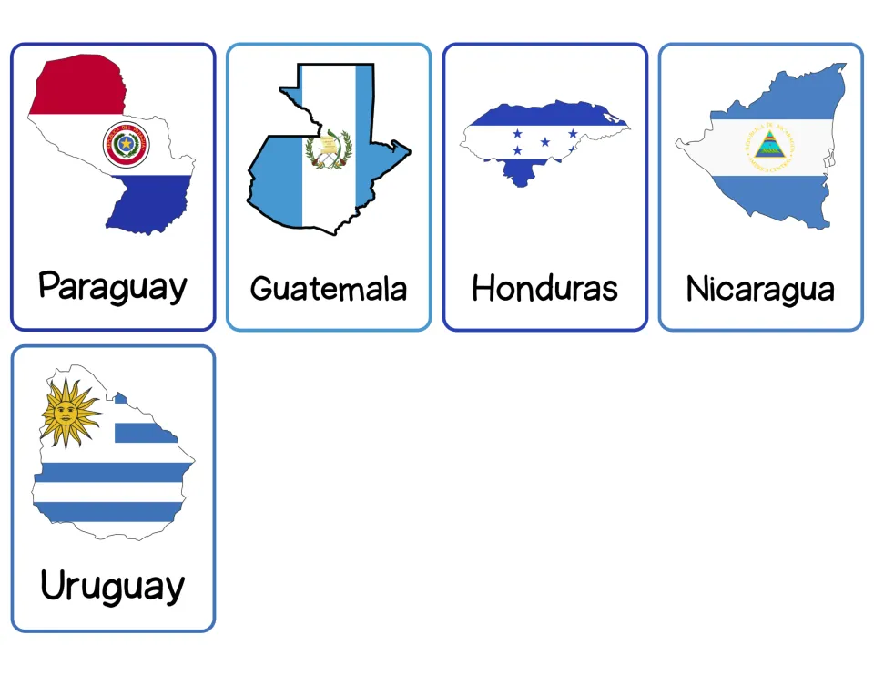 Flag maps: Paraguay, Guatemala, Honduras, Nicaragua and Uruguay on five cards, each country outline filled with its flag