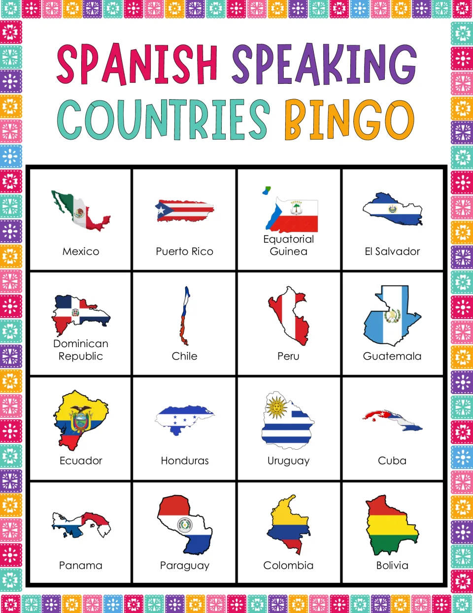 Bingo card 1: flag-filled maps labeled Mexico, Puerto Rico, Equatorial Guinea, El Salvador and 12 more.