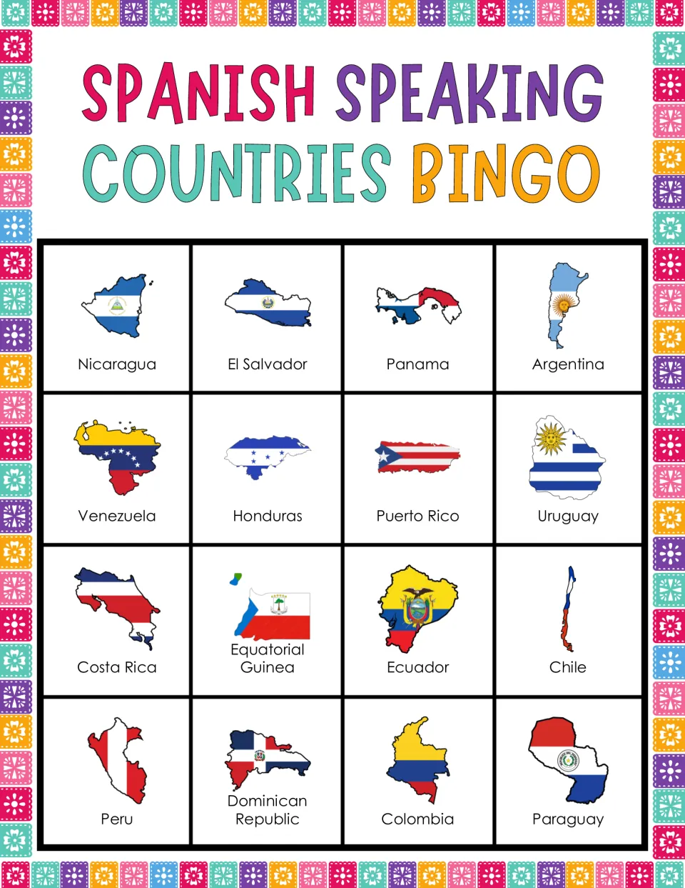 Bingo card 2: flag-filled maps labeled Nicaragua, El Salvador, Panama, Argentina and 12 more.