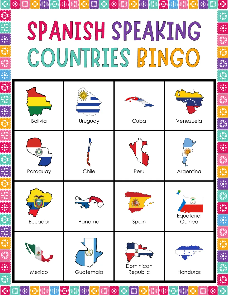 Bingo card 3: flag-filled maps labeled Bolivia, Uruguay, Cuba, Venezuela and 12 more.