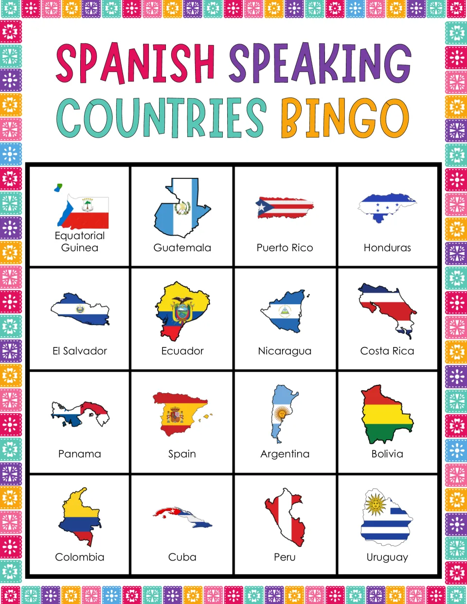 Bingo card 4: flag-filled maps labeled Equatorial Guinea, Guatemala, Puerto Rico, Honduras and 12 more.