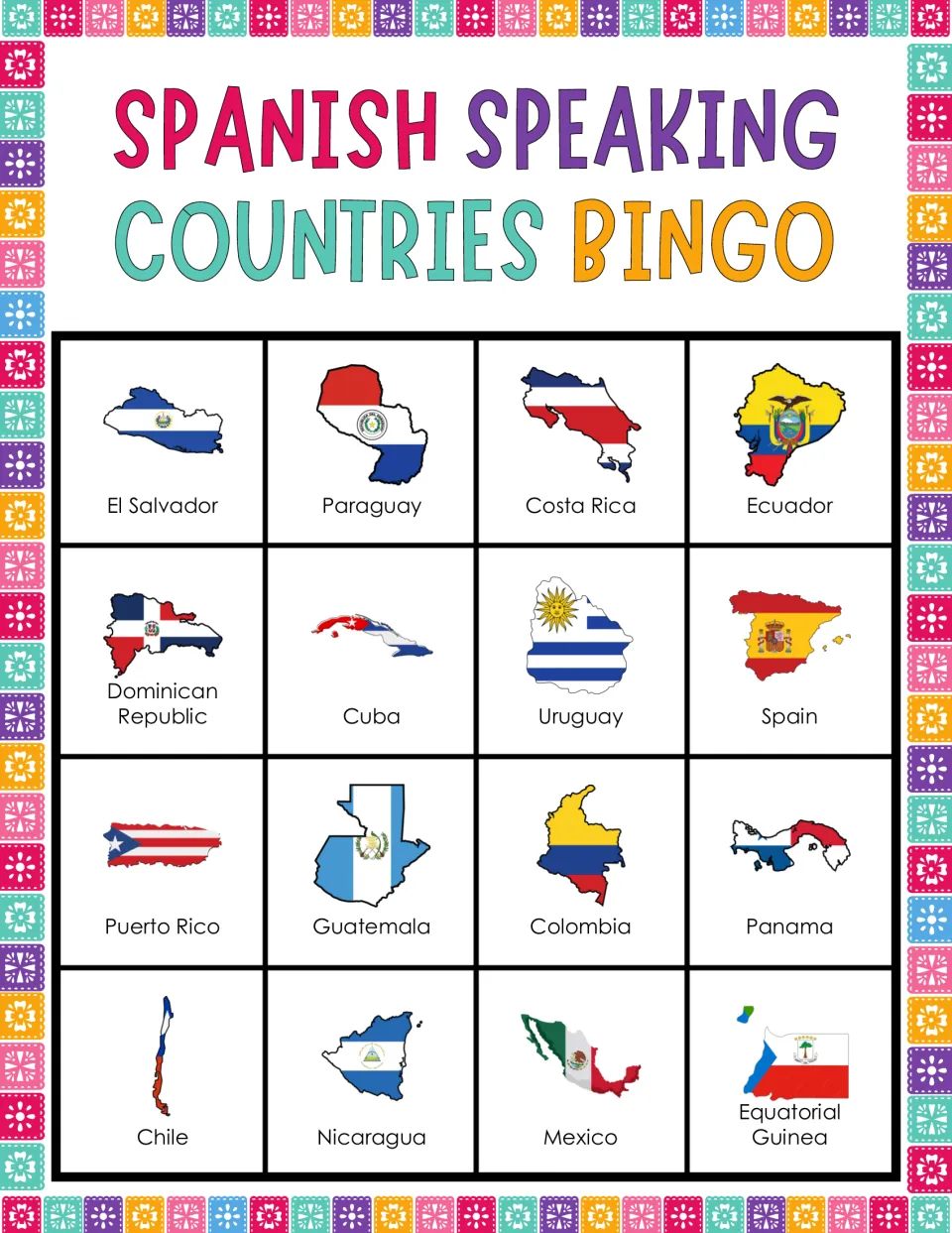 Bingo card 5: flag-filled maps labeled El Salvador, Paraguay, Costa Rica, Ecuador and 12 more.