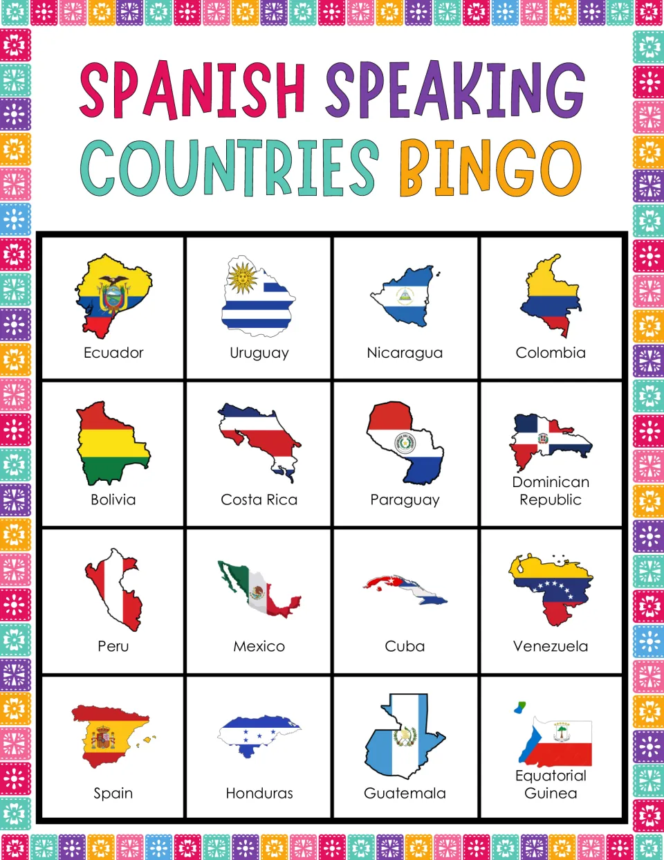 Bingo card 6: flag-filled maps labeled Ecuador, Uruguay, Nicaragua, Colombia and 12 more.