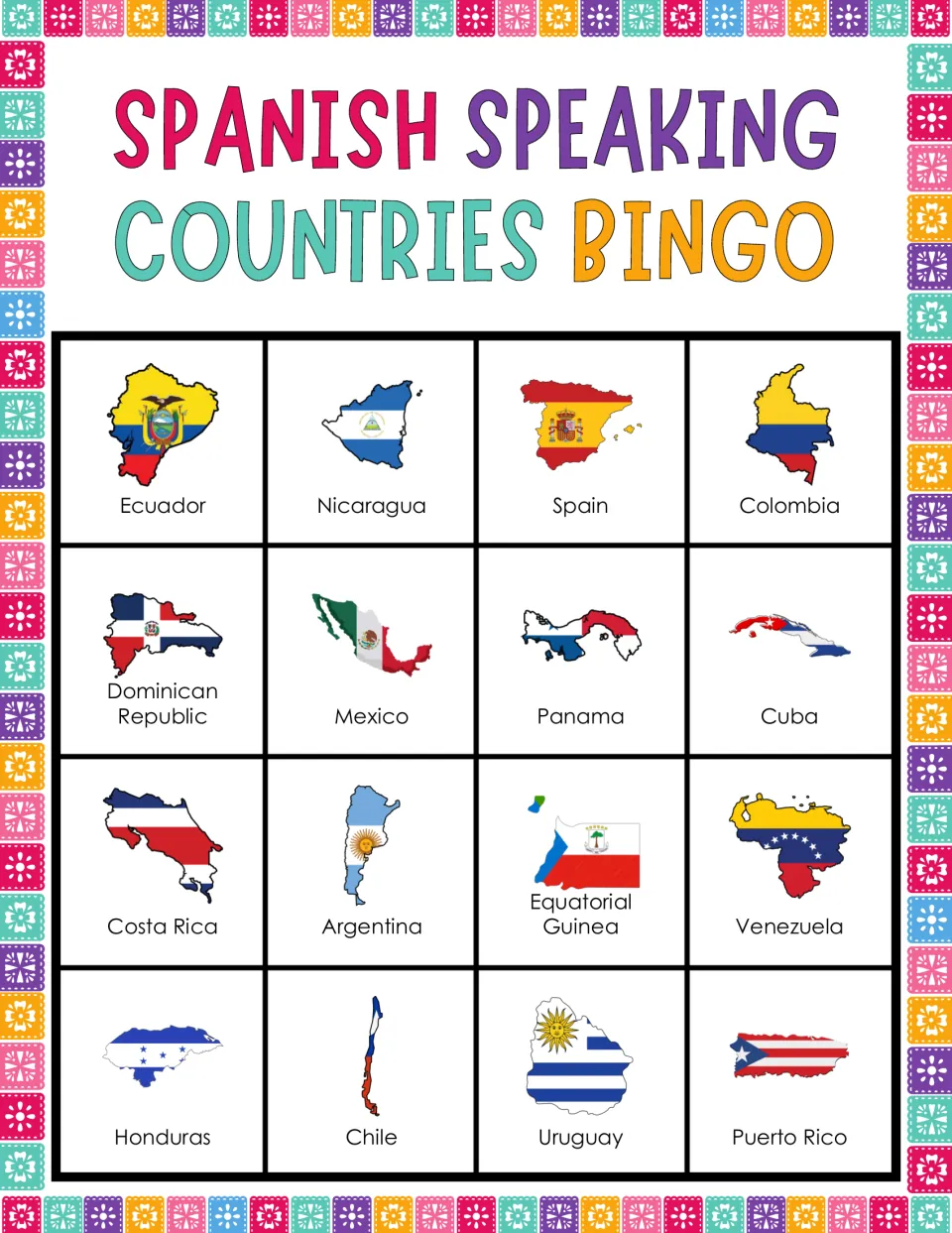 Bingo card 7: flag-filled maps labeled Ecuador, Nicaragua, Spain, Colombia and 12 more.