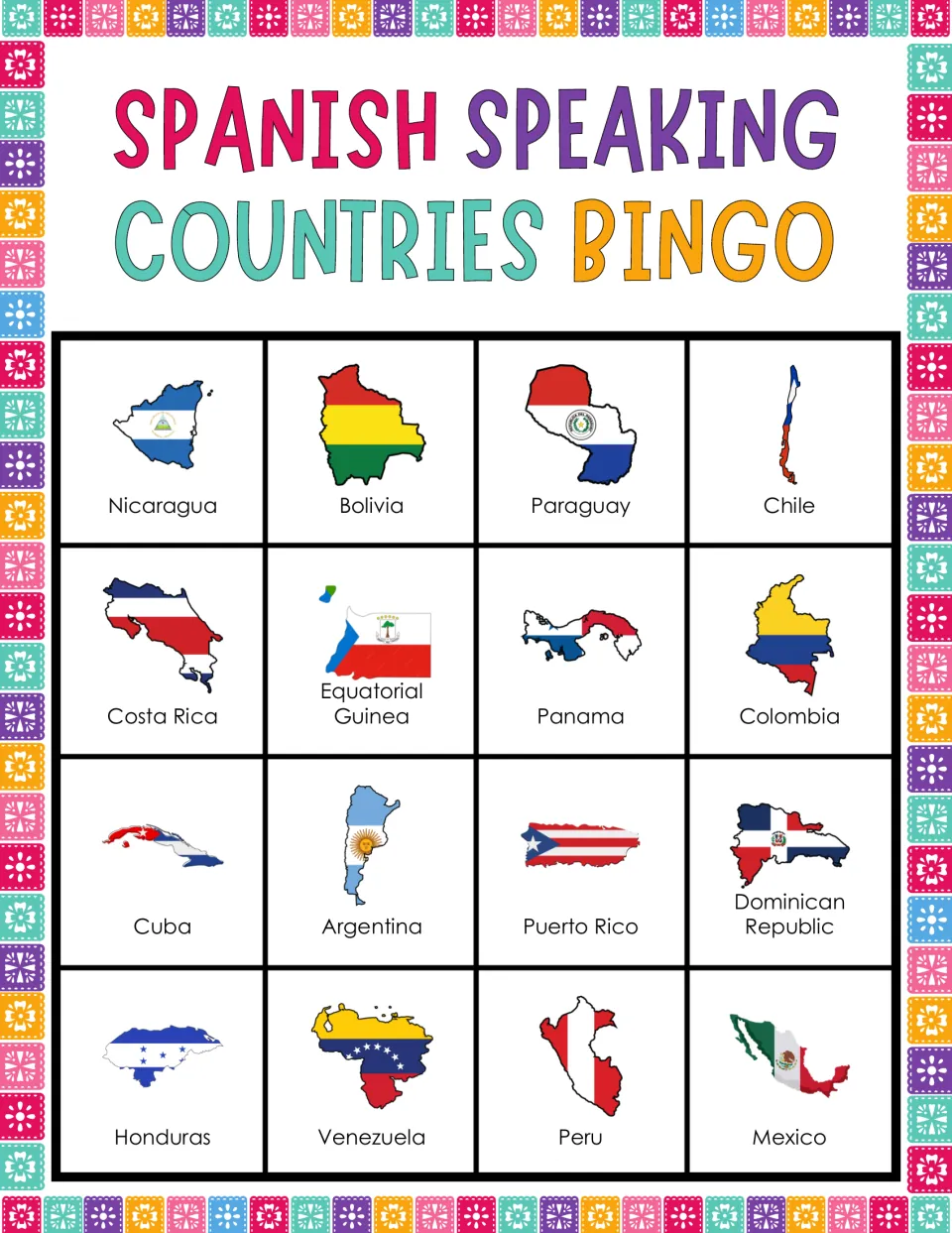 Bingo card 8: flag-filled maps labeled Nicaragua, Bolivia, Paraguay, Chile and 12 more.