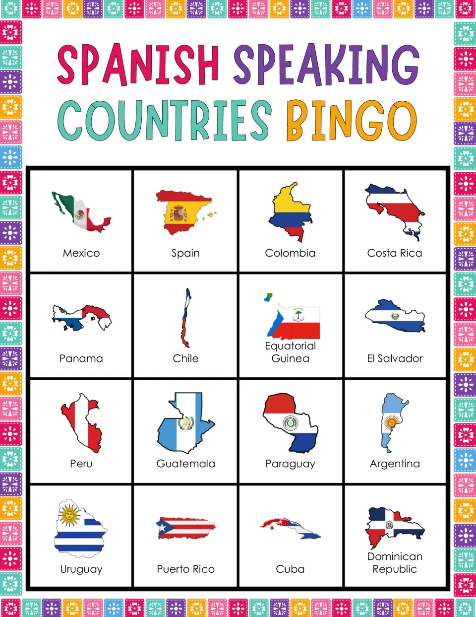 Bingo card 9: flag-filled maps labeled Mexico, Spain, Colombia, Costa Rica and 12 more.