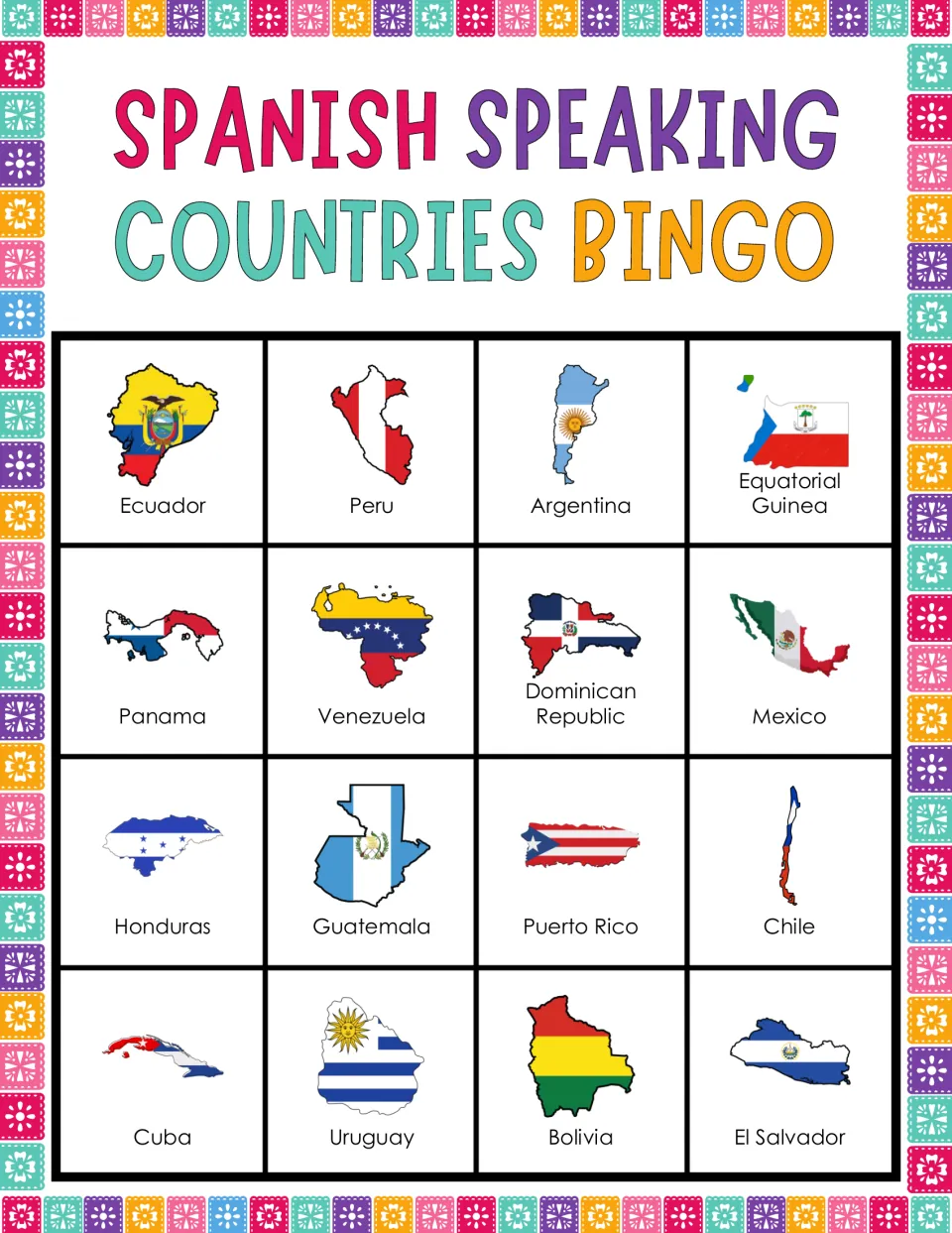 Bingo card 10: flag-filled maps labeled Ecuador, Peru, Argentina, Equatorial Guinea and 12 more.