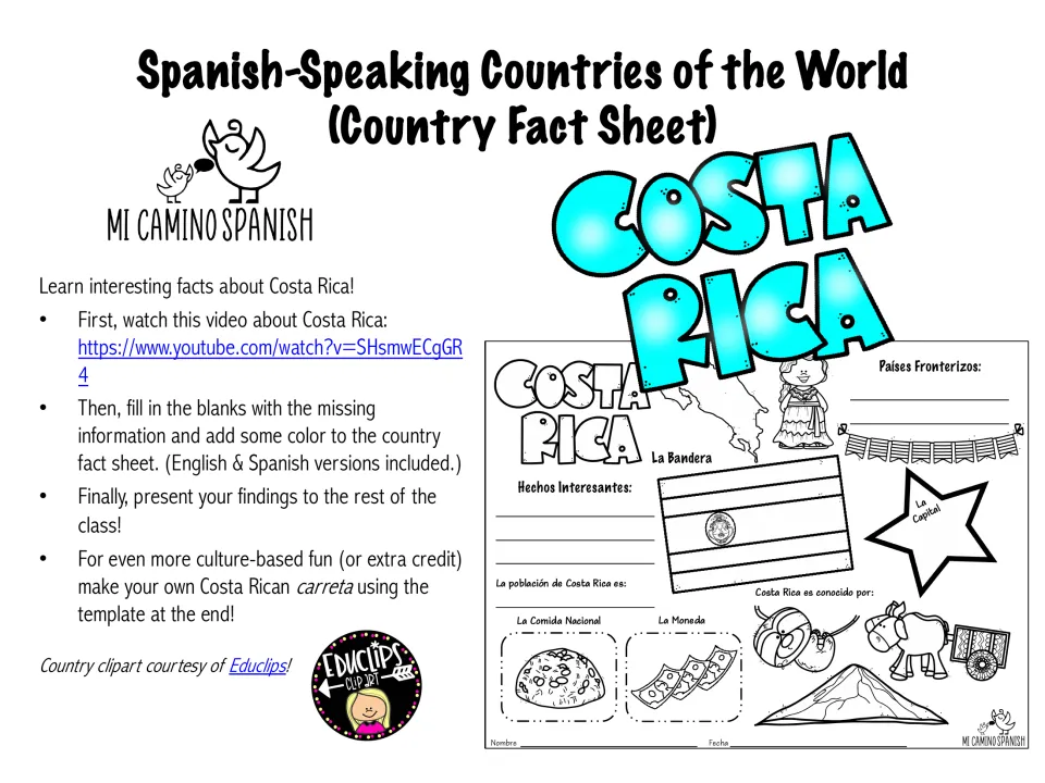 Costa Rica country fact sheet cover: steps to watch a video, fill in facts, color and present, plus a carreta template