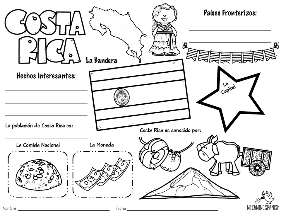 Costa Rica fact sheet in Spanish: students record la capital, países fronterizos, población, hechos, bandera and moneda