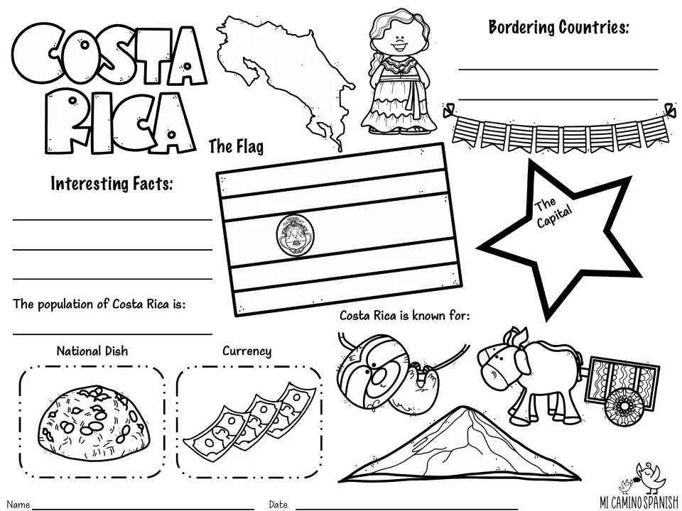 Costa Rica fact sheet in English: students fill in the capital, bordering countries, population, facts and national dish