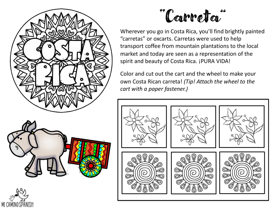 Costa Rican oxcart craft: a short carreta reading, then students color and cut out a cart and a patterned wheel to assemble