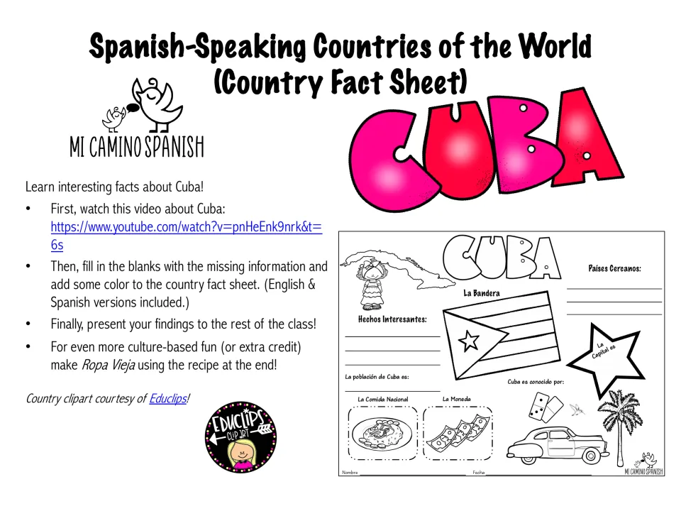 Cuba country fact sheet cover: steps to watch a video, fill in facts, colour and present, with a preview of the sheet
