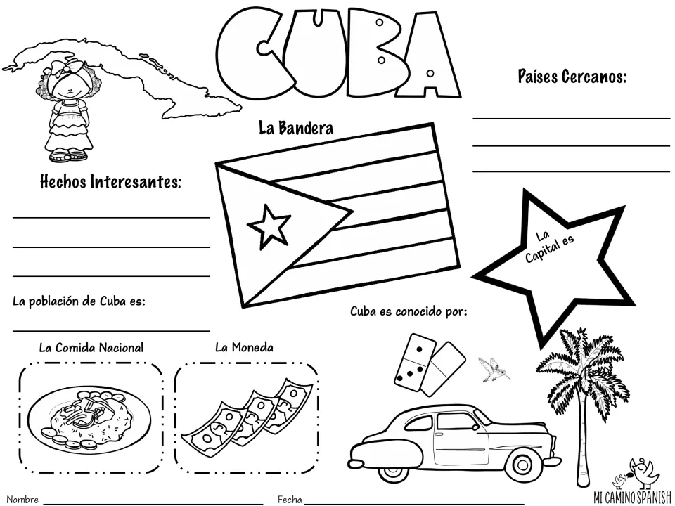 Cuba fact sheet in Spanish: students fill in la capital, población, países cercanos, comida and moneda, and colour the flag