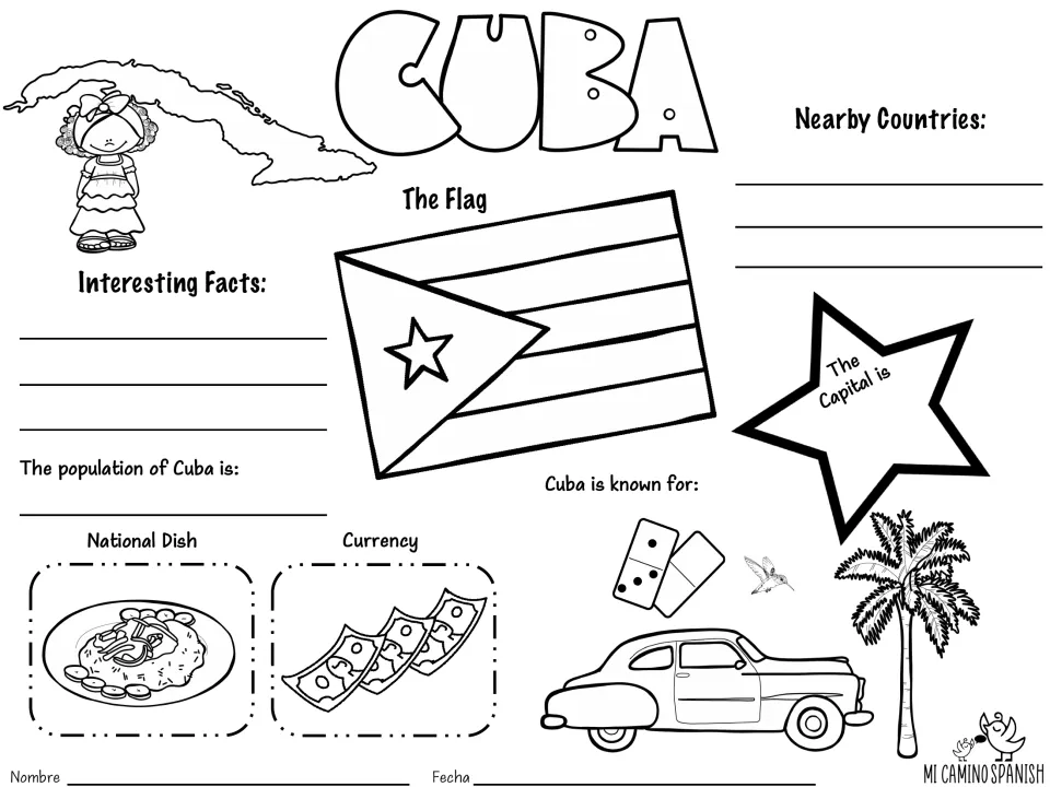 Cuba fact sheet in English: students record the capital, population, nearby countries, national dish, currency and facts