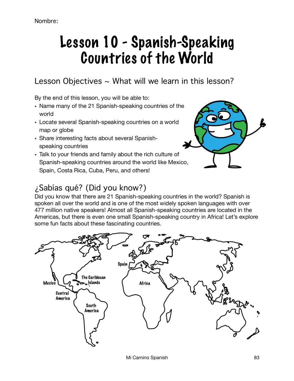 Lesson 10 objectives and a ¿Sabías qué? intro on the 21 Spanish-speaking countries, with a world map of their regions