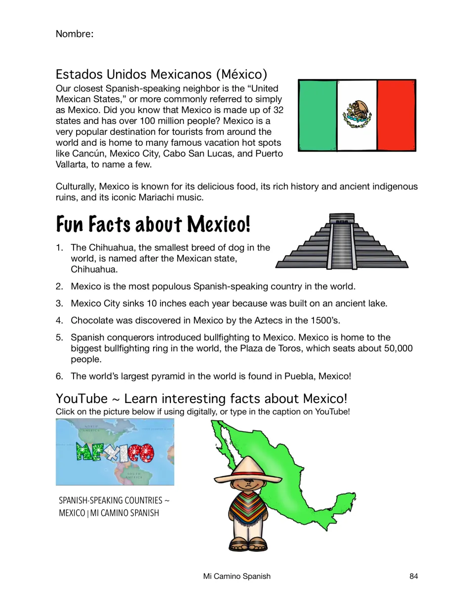 Mexico reading: overview of Estados Unidos Mexicanos with six fun facts, a Mexican flag, pyramid and a YouTube link