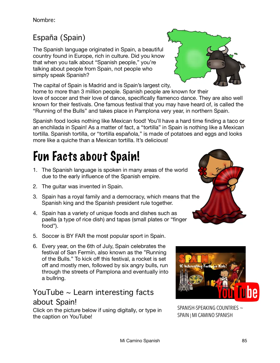 España reading: Spain's capital, flamenco, tortilla española, plus six fun facts including the Running of the Bulls