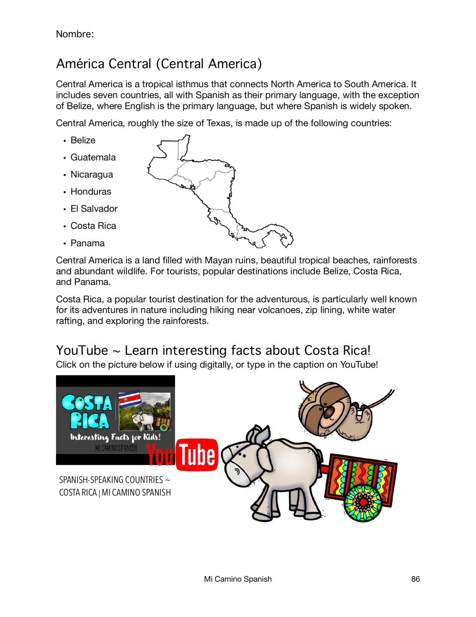 Central America reading: lists its seven countries beside an outline map and features Costa Rica's adventures