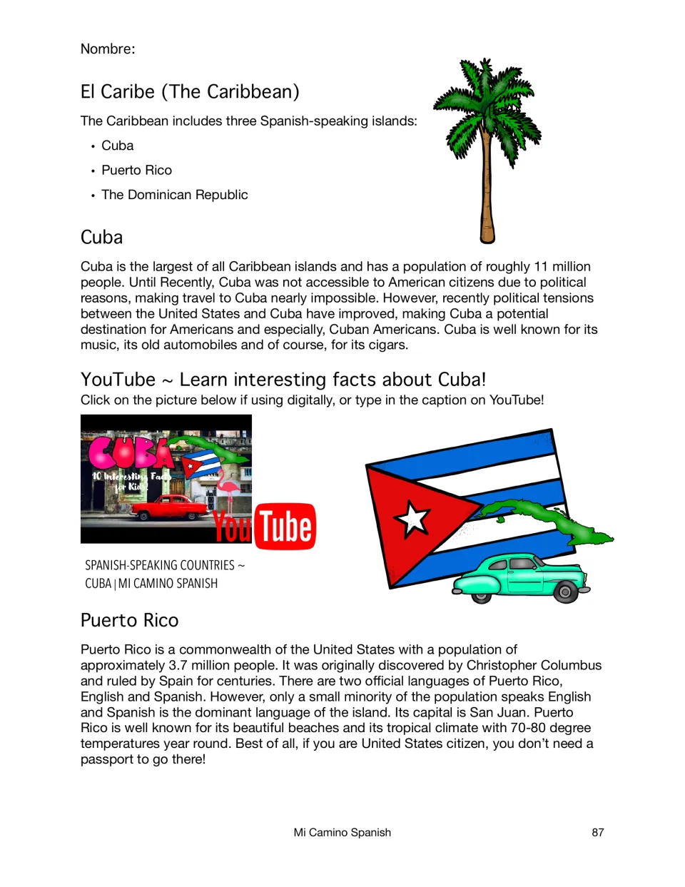 El Caribe reading: names three Spanish-speaking islands, then describes Cuba and Puerto Rico plus a Cuban flag