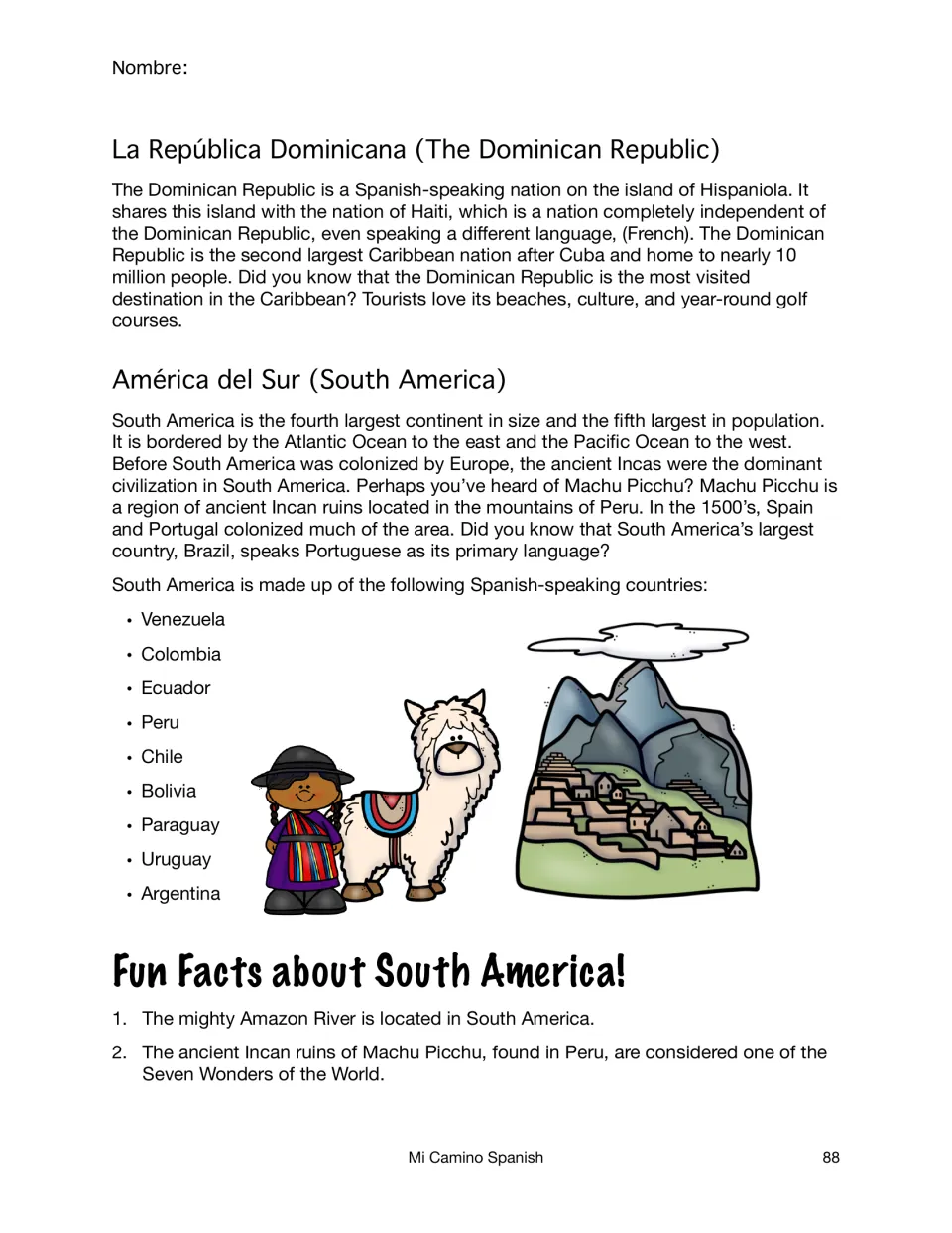 Dominican Republic and América del Sur reading: lists nine Spanish-speaking South American countries, Machu Picchu facts