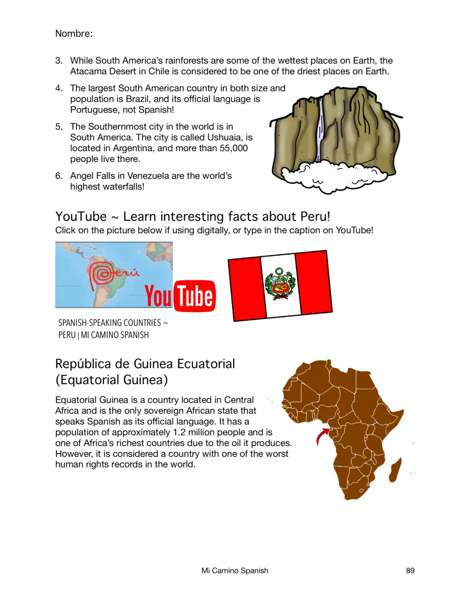 South America facts continued, Peru video link and flag, then a reading on Equatorial Guinea with an Africa map