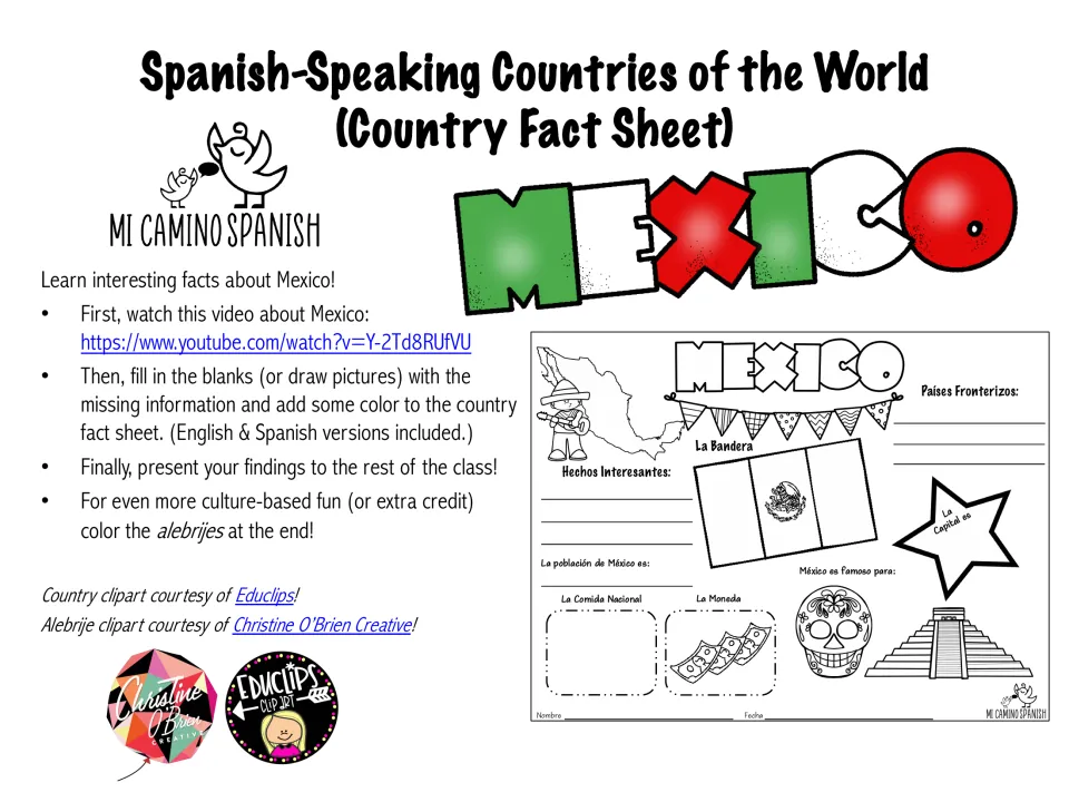 Mexico country fact sheet cover: video link, fill-in and presentation steps, plus a preview of the Spanish fact sheet