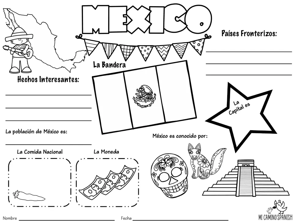Mexico fact sheet in Spanish: students fill in bordering countries, capital, population, flag, currency and national dish