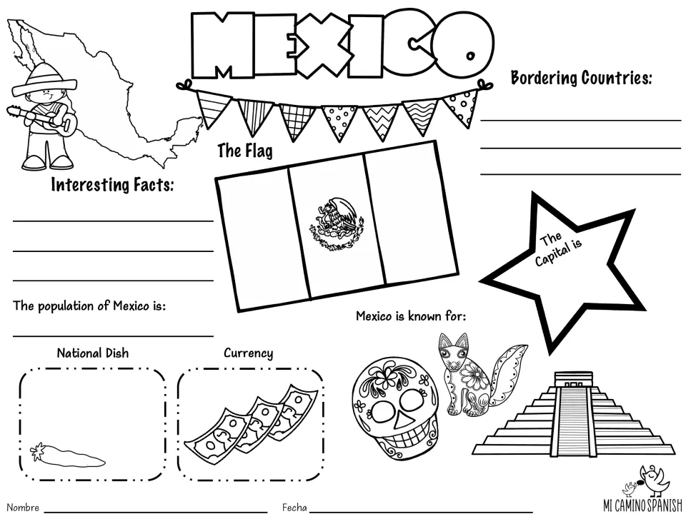 Mexico fact sheet in English: students record bordering countries, the capital, population, flag, currency and facts