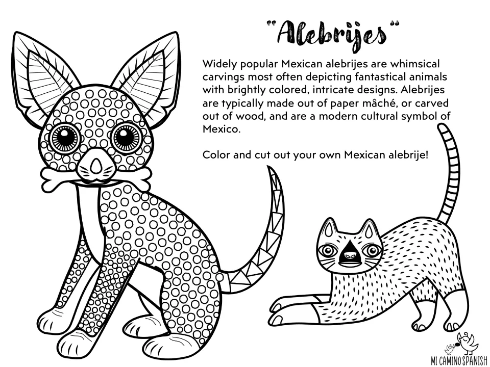 Alebrijes colouring page: short reading on Mexican folk-art carvings, then students colour and cut out a dog and a cat
