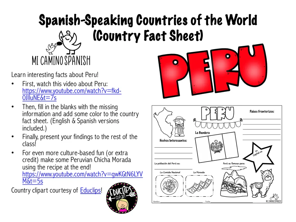 Peru country fact sheet cover: steps to watch a video, fill in facts, color and present, plus a Chicha Morada recipe link